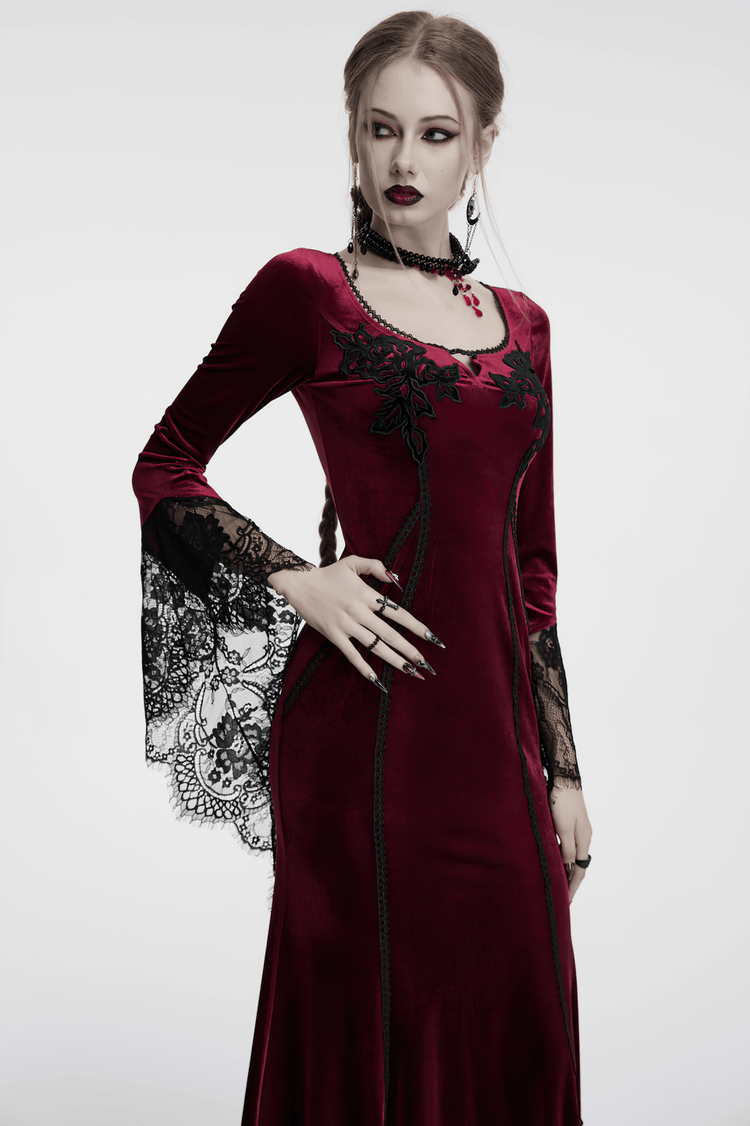 Velvet Dress with Lace Bell Sleeves and Rose Embroidery - image 13