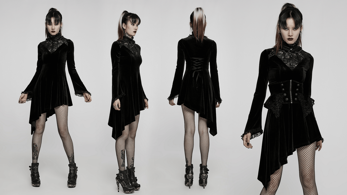 Velvet Gothic Lace-Trim Asymmetrical Dress - image 13