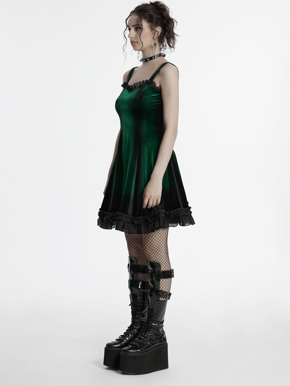 Velvet Gradient Printed Dress with Lace and Ruffle Details - image 12