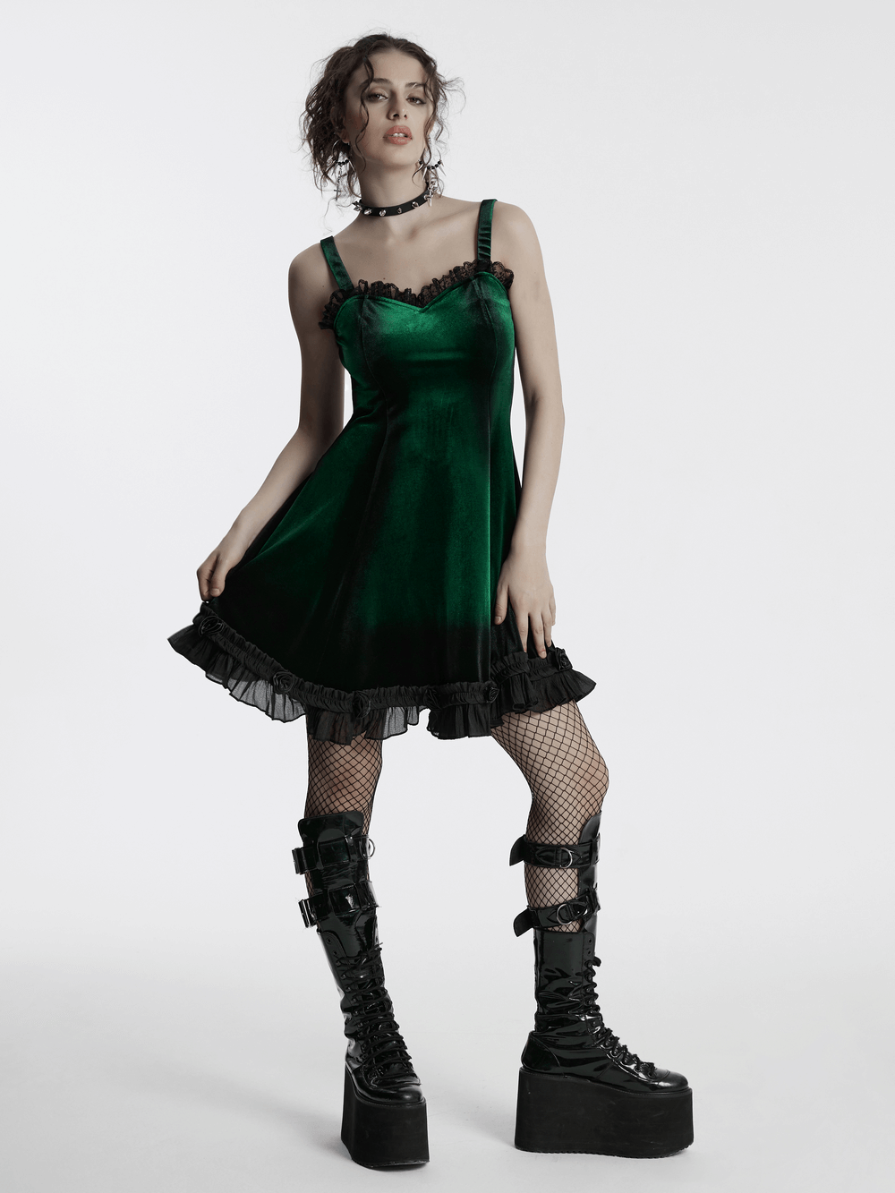 Velvet Gradient Printed Dress with Lace and Ruffle Details - image 13
