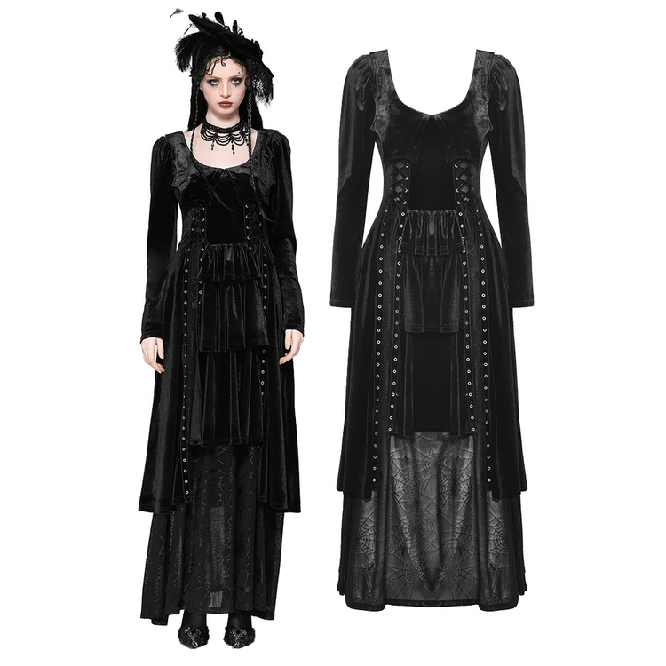 Velvet Lace-Up Gothic Dress with Mesh Panel Details - image 3