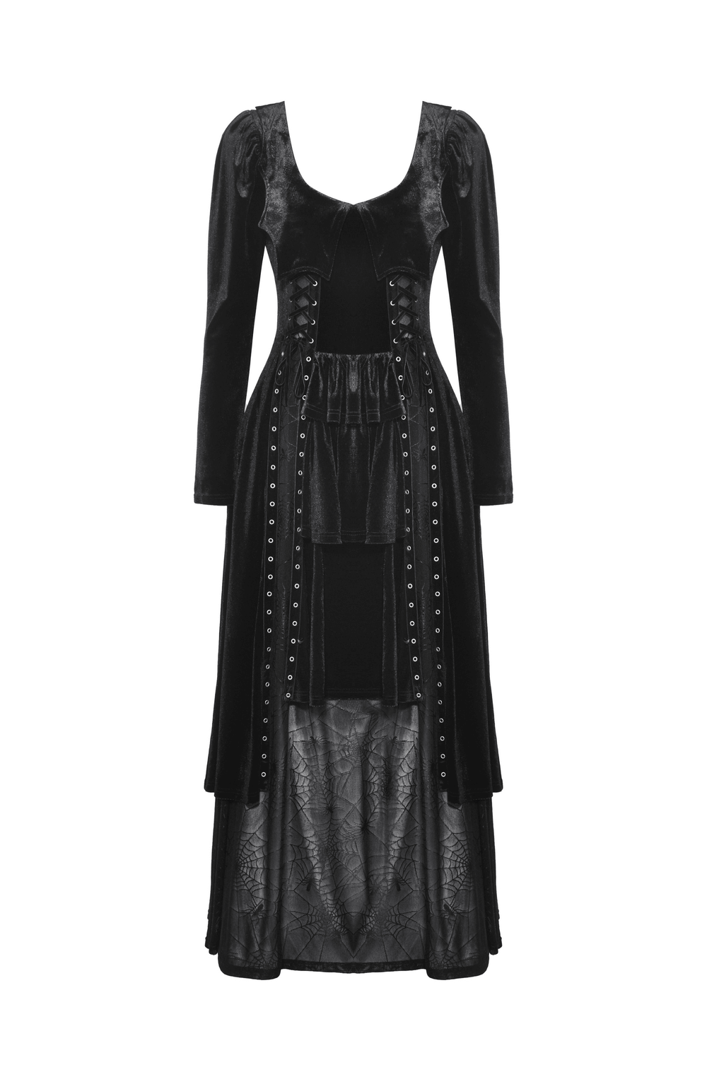 Velvet Lace-Up Gothic Dress with Mesh Panel Details - image 4