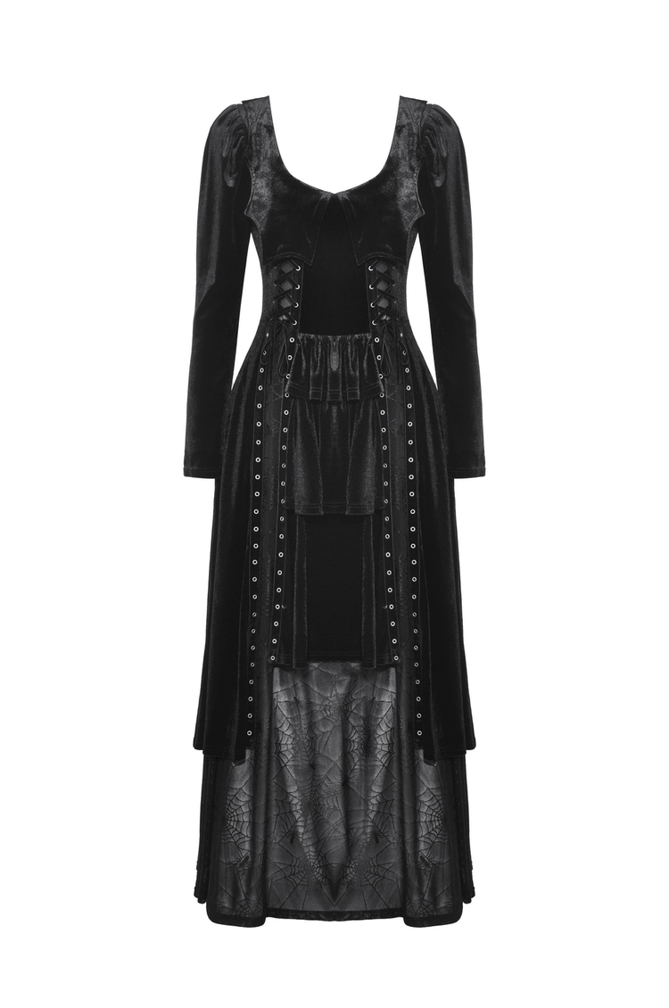 Velvet Lace-Up Gothic Dress with Mesh Panel Details - image 4
