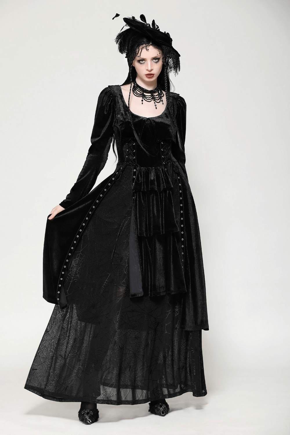 Velvet Lace-Up Gothic Dress with Mesh Panel Details - image 11