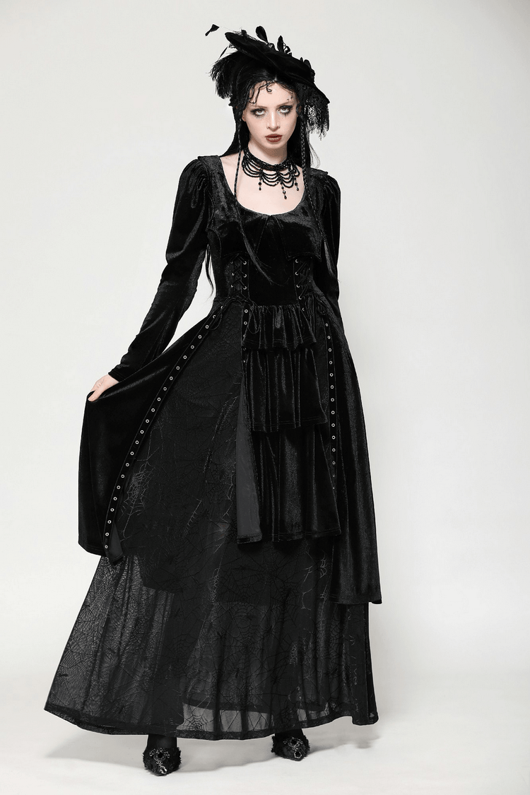 Velvet Lace-Up Gothic Dress with Mesh Panel Details - image 11