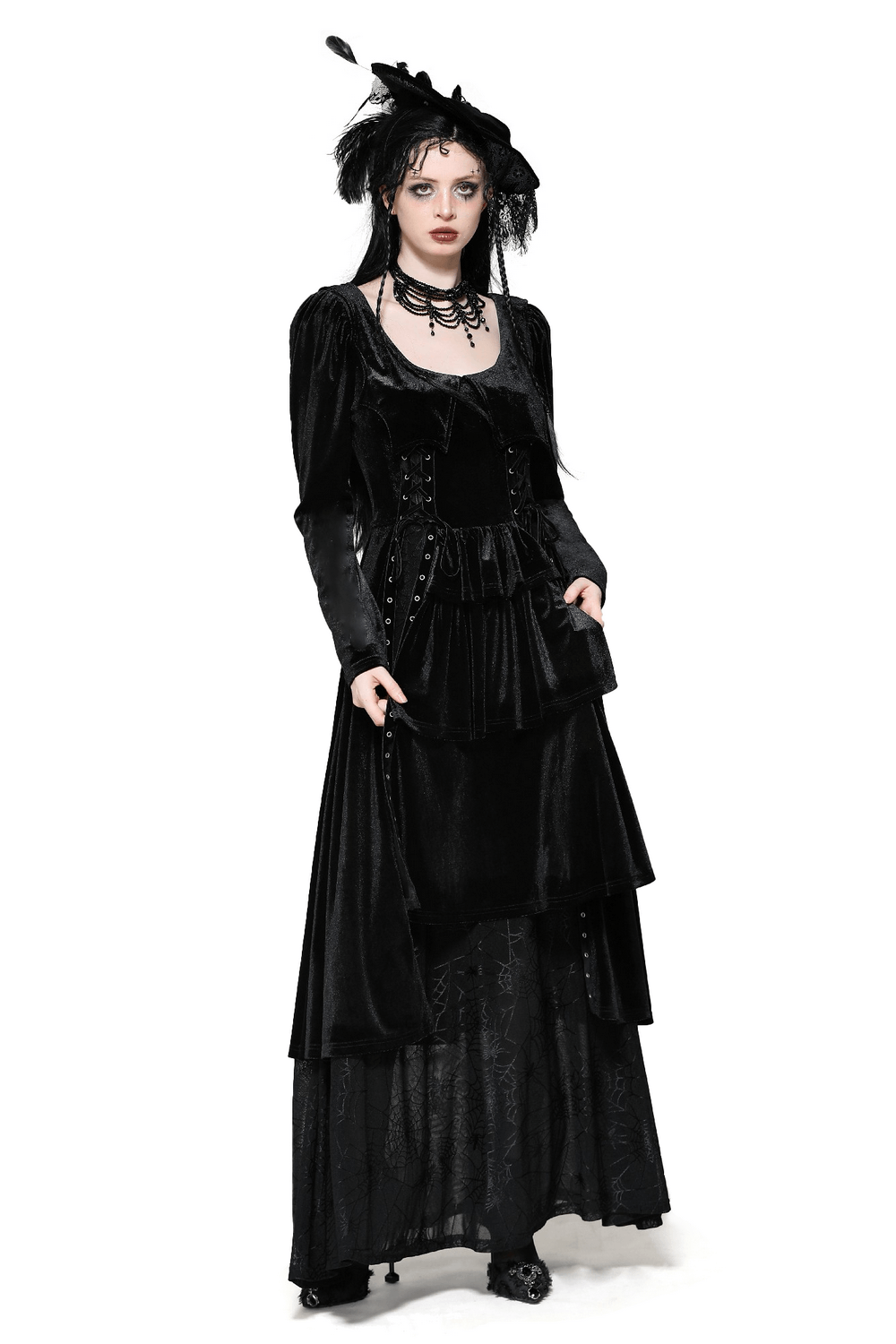 Velvet Lace-Up Gothic Dress with Mesh Panel Details - image 1