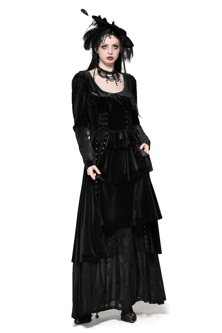 Velvet Lace-Up Gothic Dress with Mesh Panel Details - image 1