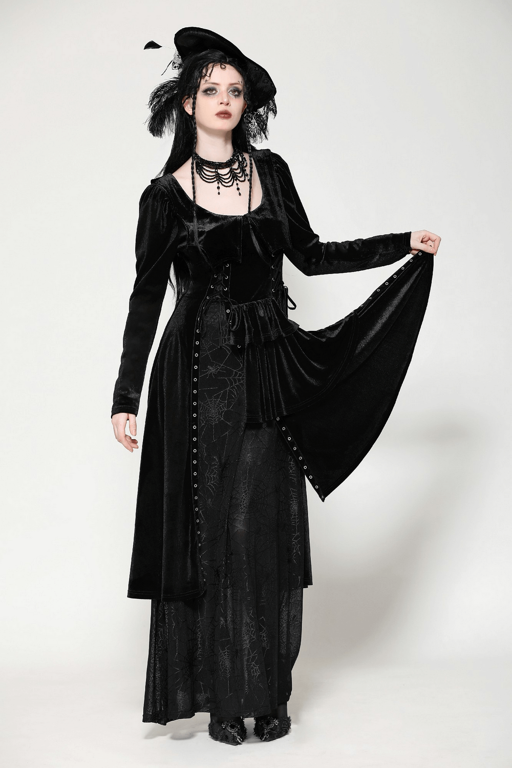 Velvet Lace-Up Gothic Dress with Mesh Panel Details - image 12