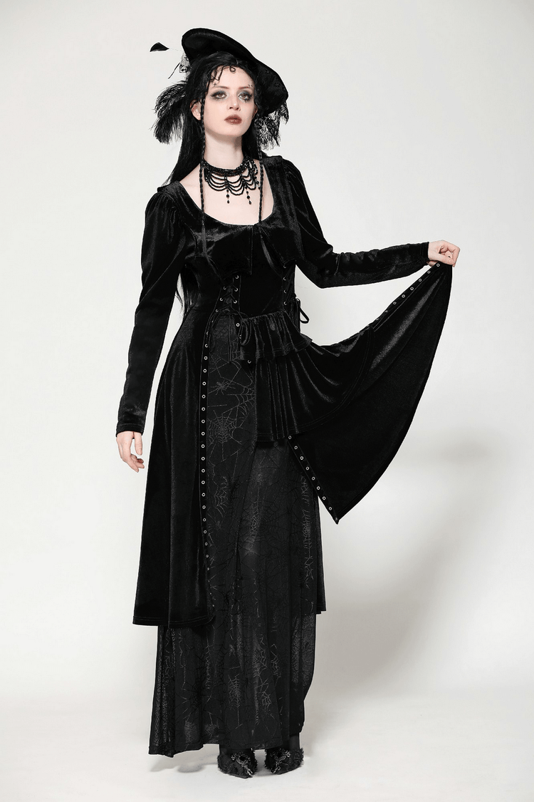 Velvet Lace-Up Gothic Dress with Mesh Panel Details - image 12