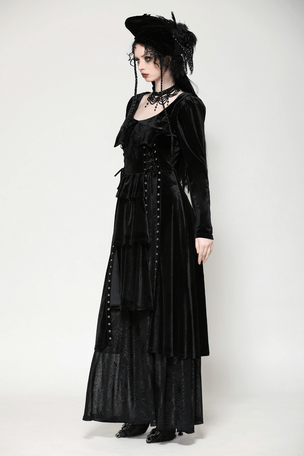 Velvet Lace-Up Gothic Dress with Mesh Panel Details - image 13