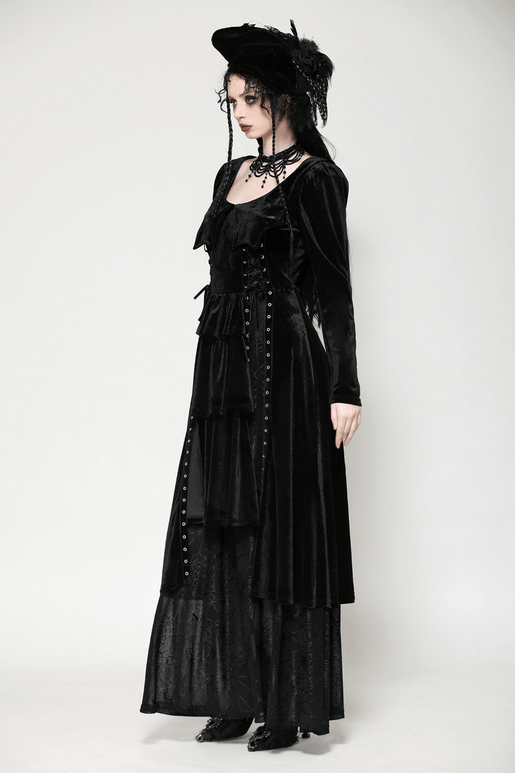 Velvet Lace-Up Gothic Dress with Mesh Panel Details - image 13