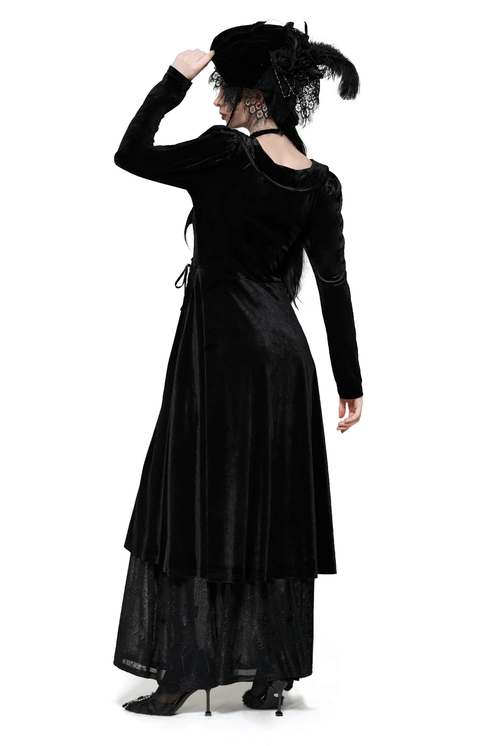 Velvet Lace-Up Gothic Dress with Mesh Panel Details - image 2