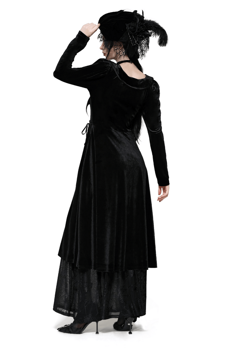 Velvet Lace-Up Gothic Dress with Mesh Panel Details - image 2