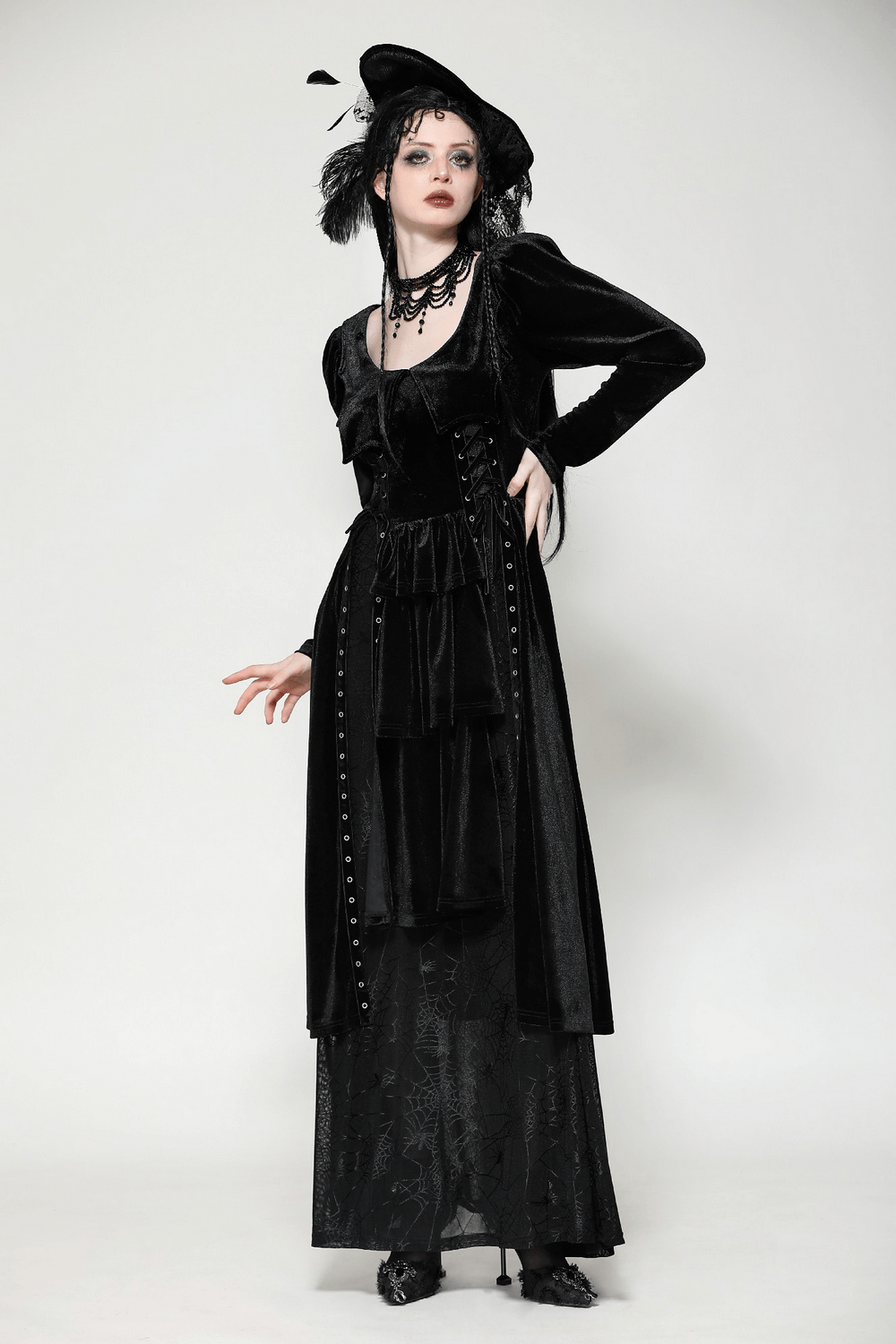 Velvet Lace-Up Gothic Dress with Mesh Panel Details - image 14