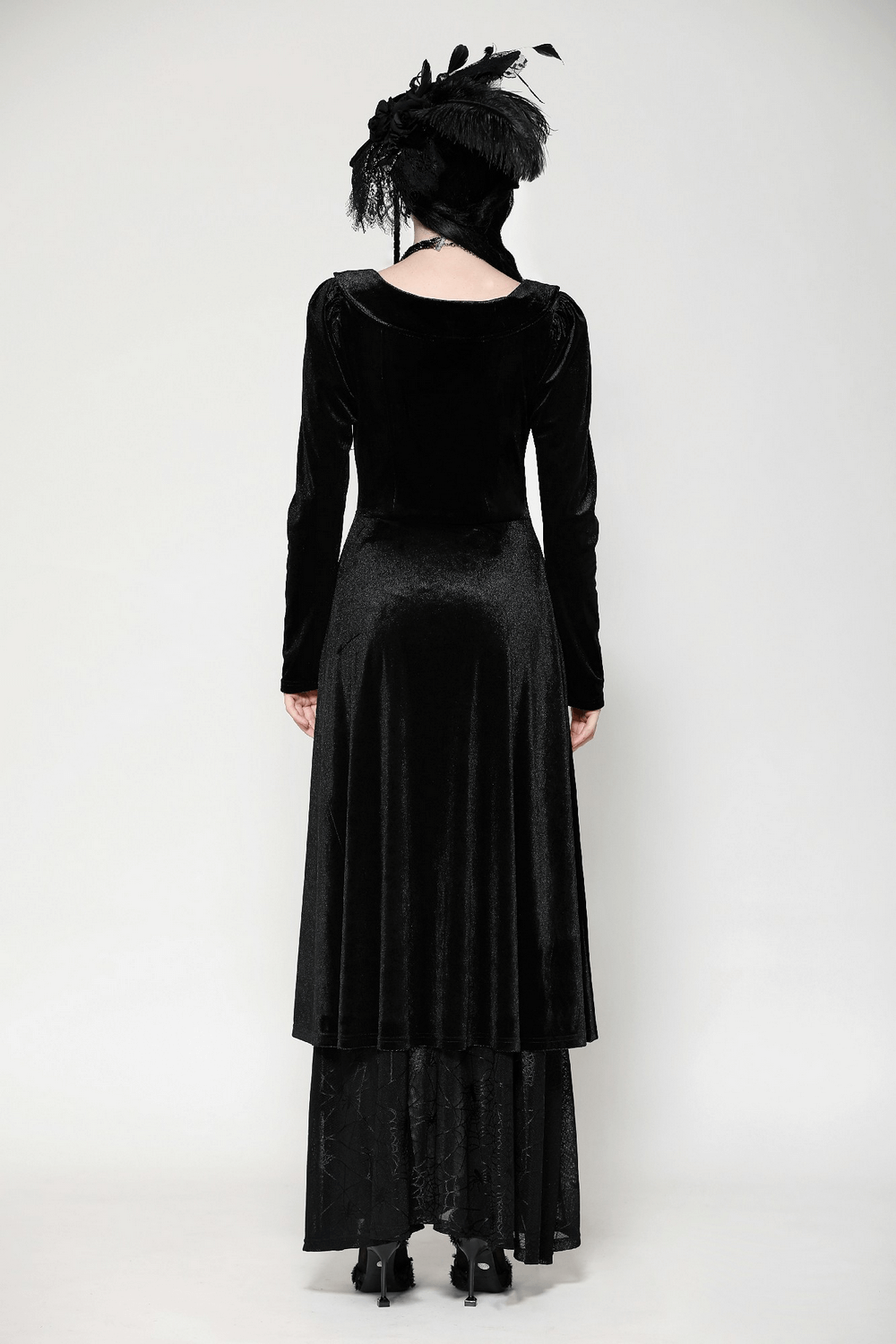 Velvet Lace-Up Gothic Dress with Mesh Panel Details - image 15