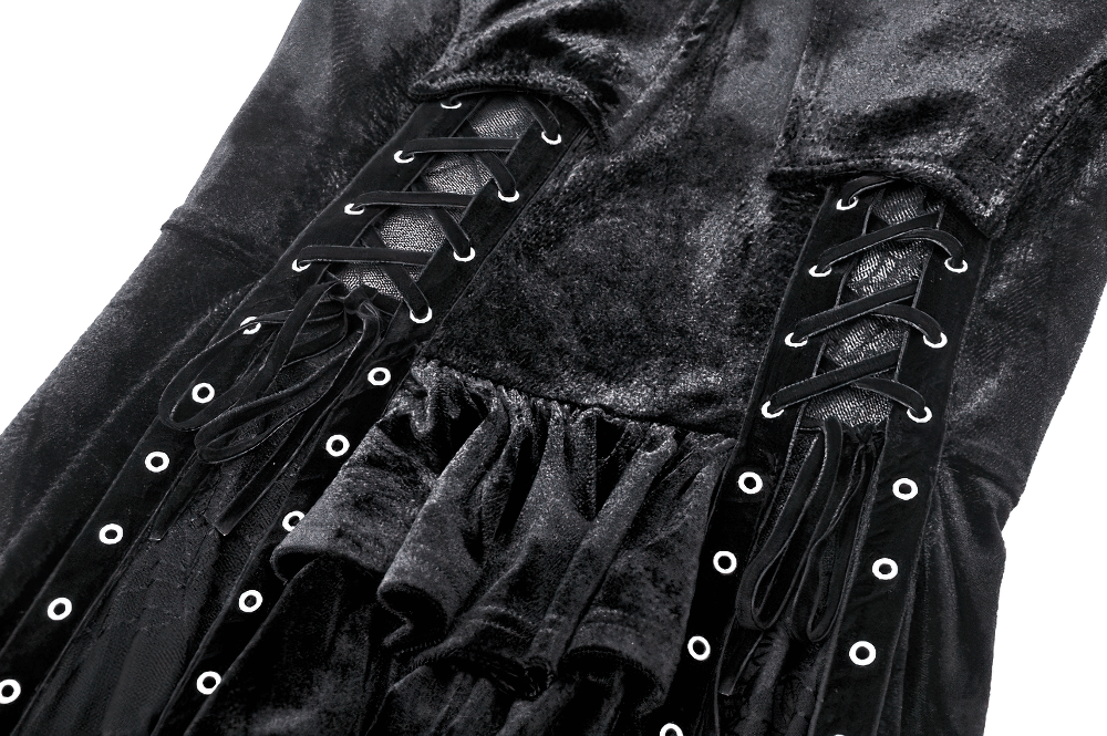 Velvet Lace-Up Gothic Dress with Mesh Panel Details - image 7
