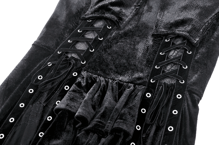 Velvet Lace-Up Gothic Dress with Mesh Panel Details - image 7