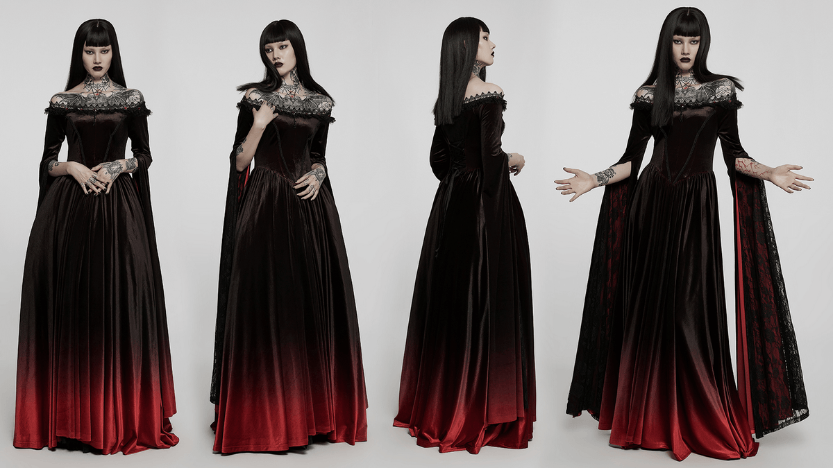 Velvet Off-Shoulder Red Gradient Medieval Dress - image 14