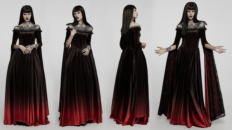 Velvet Off-Shoulder Red Gradient Medieval Dress - image 14