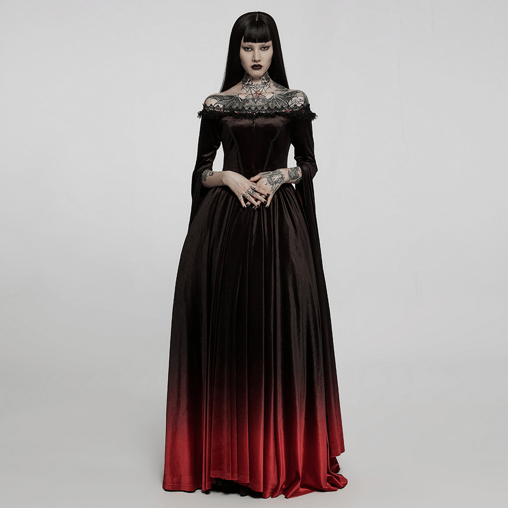 Velvet Off-Shoulder Red Gradient Medieval Dress - image 11