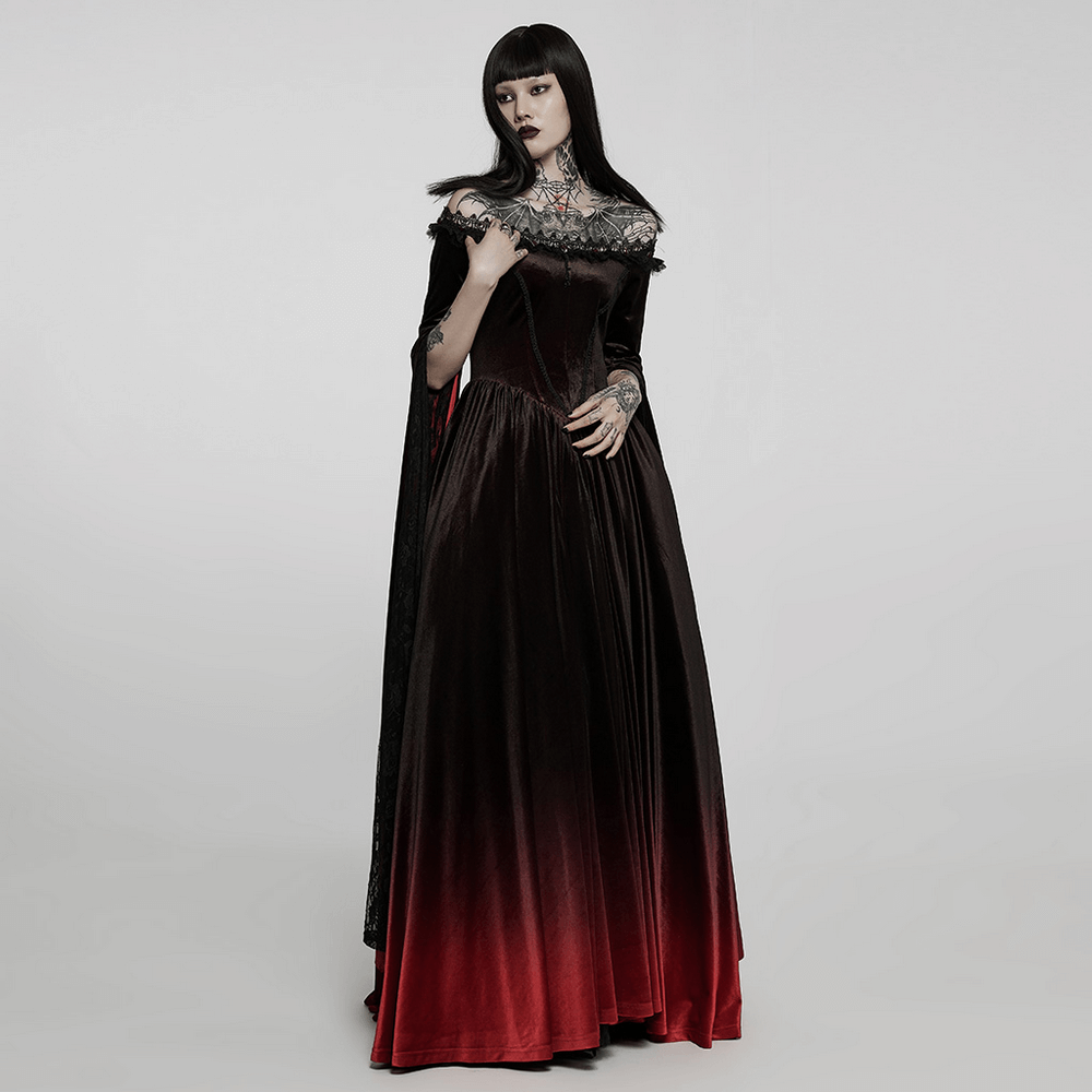 Velvet Off-Shoulder Red Gradient Medieval Dress - image 12