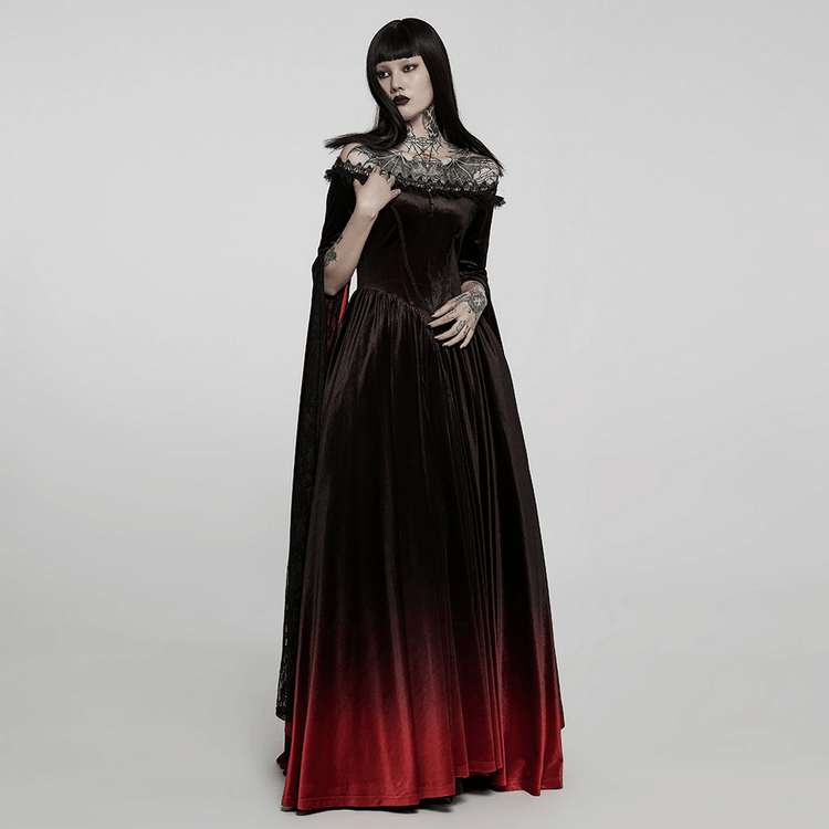 Velvet Off-Shoulder Red Gradient Medieval Dress - image 12