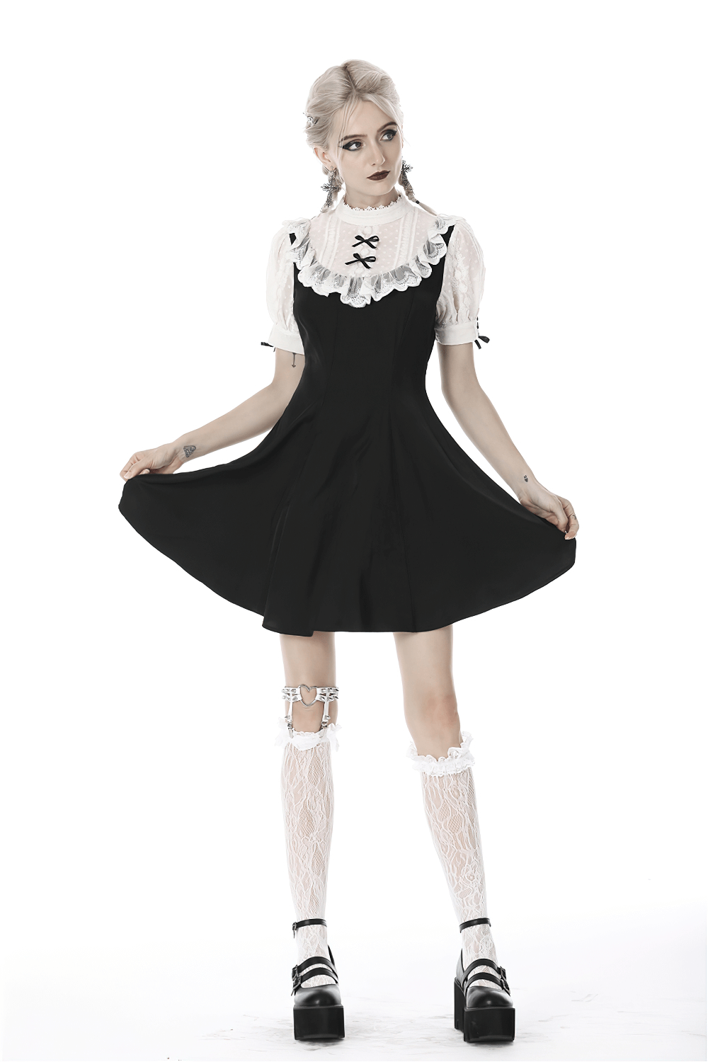 Victorian Black White Midi Dress - Gothic Lolita Style - image 13
