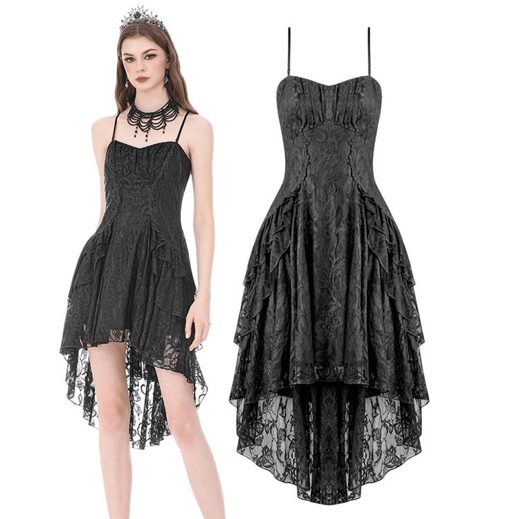 Victorian Goth Tiered Midi Dress With Sheer Floral Skirt in black lace, showcasing high low design and corset back detail.