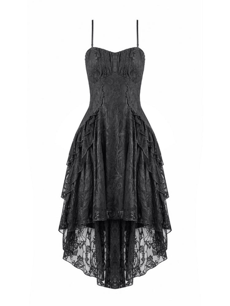 Victorian Goth Tiered Midi Dress With Sheer Floral Skirt showcasing a dramatic high low silhouette in black lace.