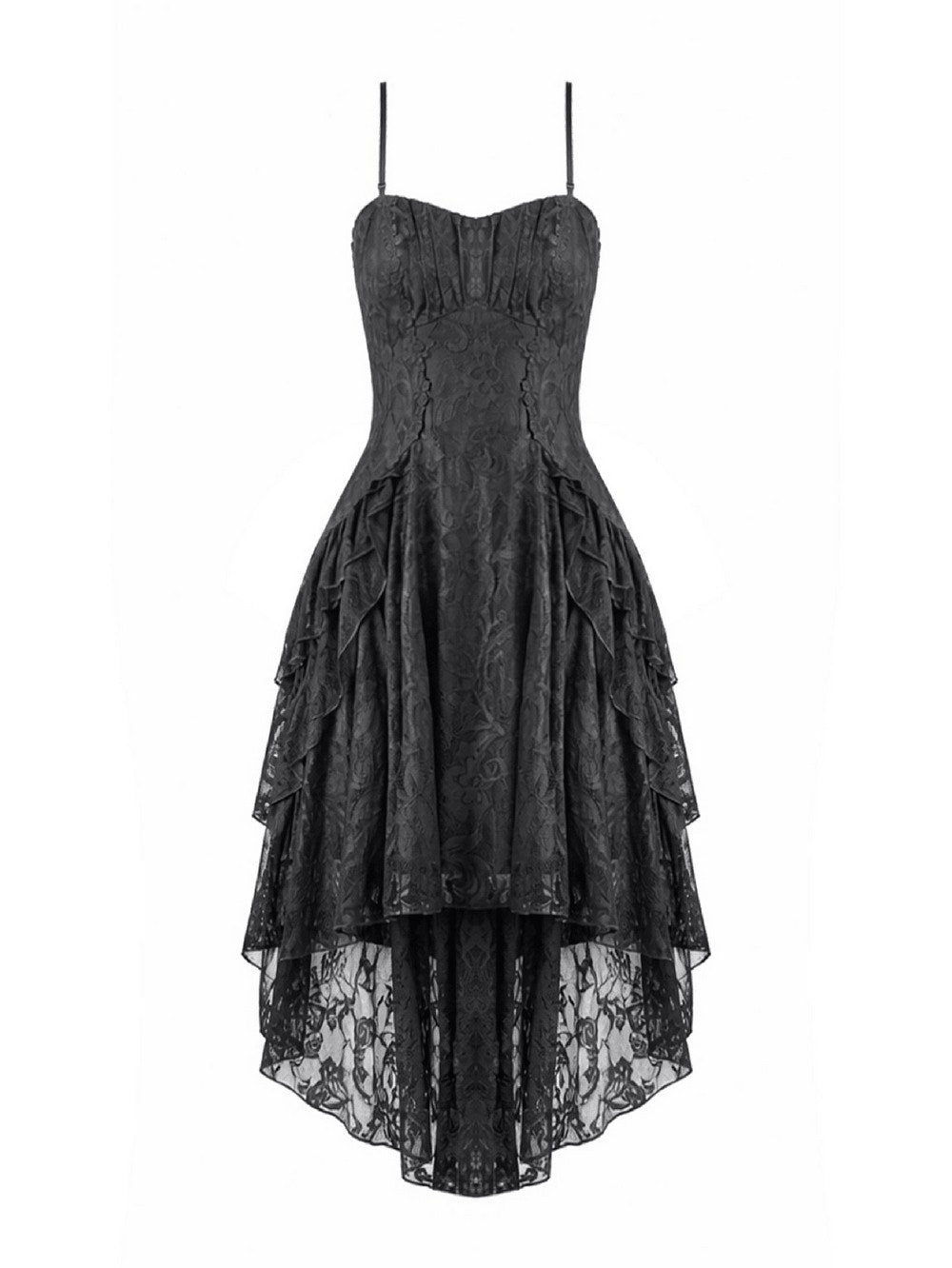 Victorian Goth Tiered Midi Dress With Sheer Floral Skirt showcasing a dramatic high low silhouette in black lace.