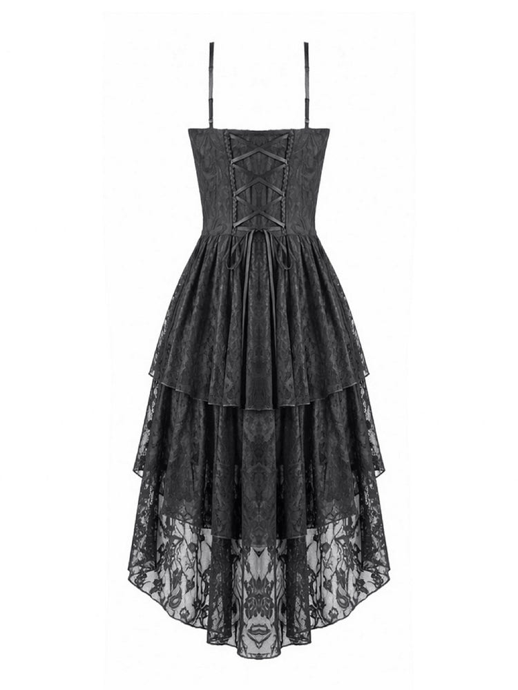 Victorian Goth Tiered Midi Dress With Sheer Floral Skirt showcasing a black lace design and dramatic high low silhouette.