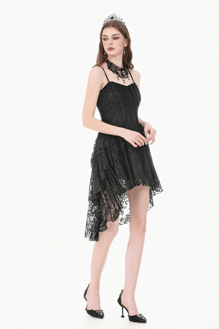 Victorian Goth Tiered Midi Dress With Sheer Floral Skirt displayed on a model in elegant black lace with a high low hem.