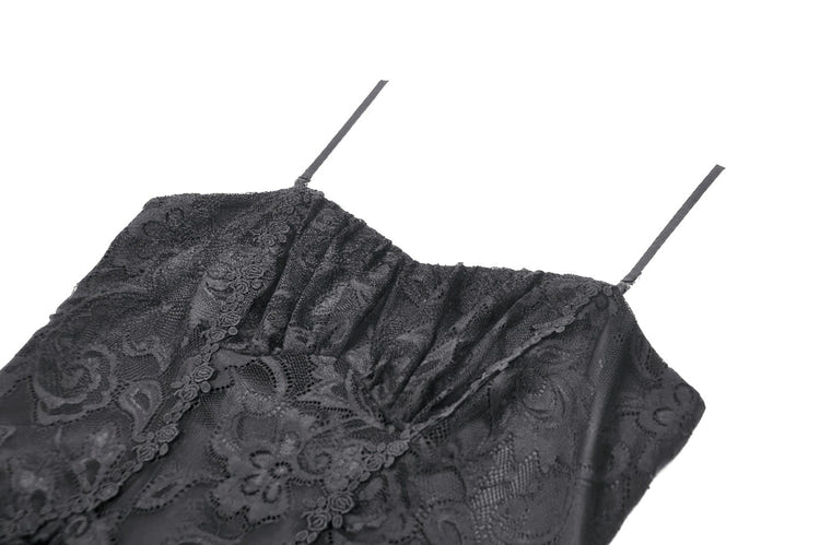 Victorian Goth Tiered Midi Dress With Sheer Floral Skirt - elegant black lace bodice with intricate floral patterns.