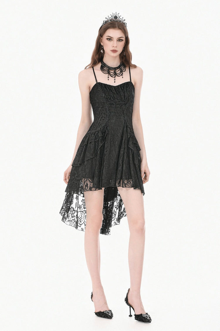 Victorian Goth Tiered Midi Dress With Sheer Floral Skirt modeled by a model wearing lace and high heels.