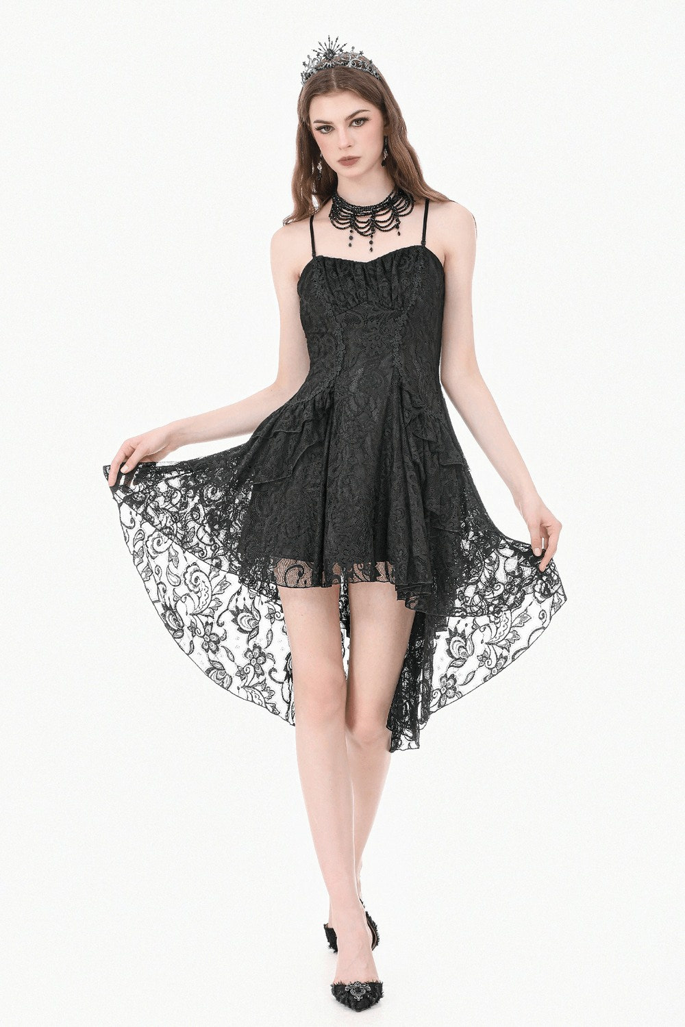 Victorian Goth Tiered Midi Dress With Sheer Floral Skirt modeled with black lace and dramatic high low cut.