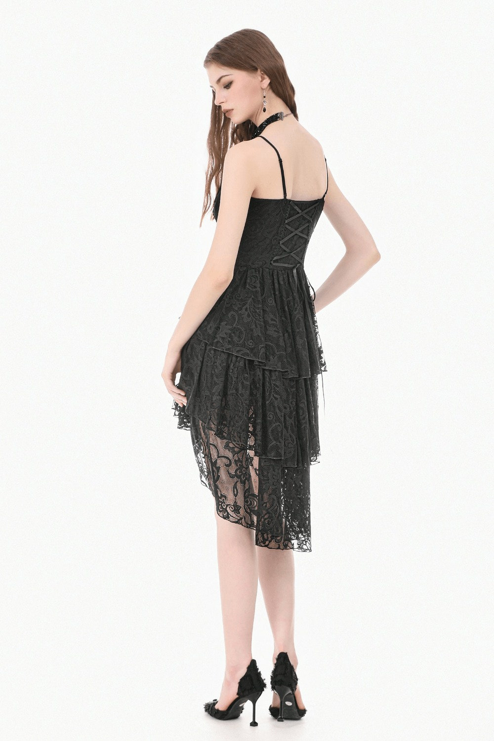 Victorian Goth Tiered Midi Dress With Sheer Floral Skirt showcasing a black lace dress with corset back and tiered skirt.