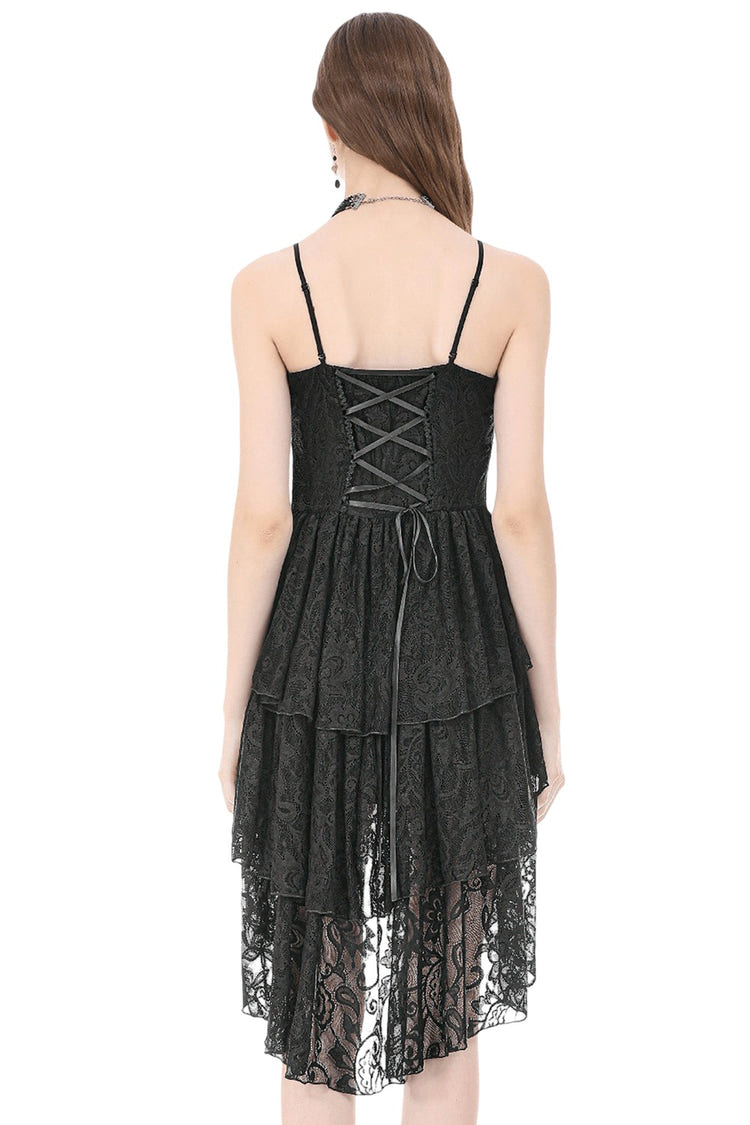 Victorian Goth Tiered Midi Dress With Sheer Floral Skirt showcasing the beautiful corset back detail and tiered skirt.