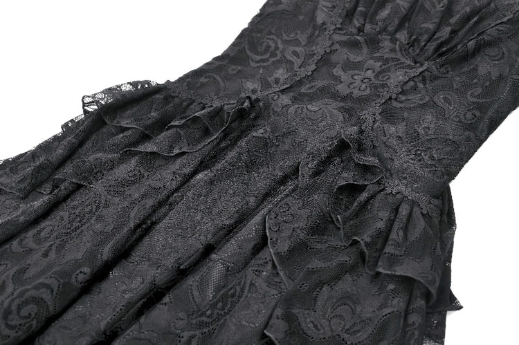 Victorian Goth Tiered Midi Dress With Sheer Floral Skirt close-up of black lace detailing and ruffled layers.
