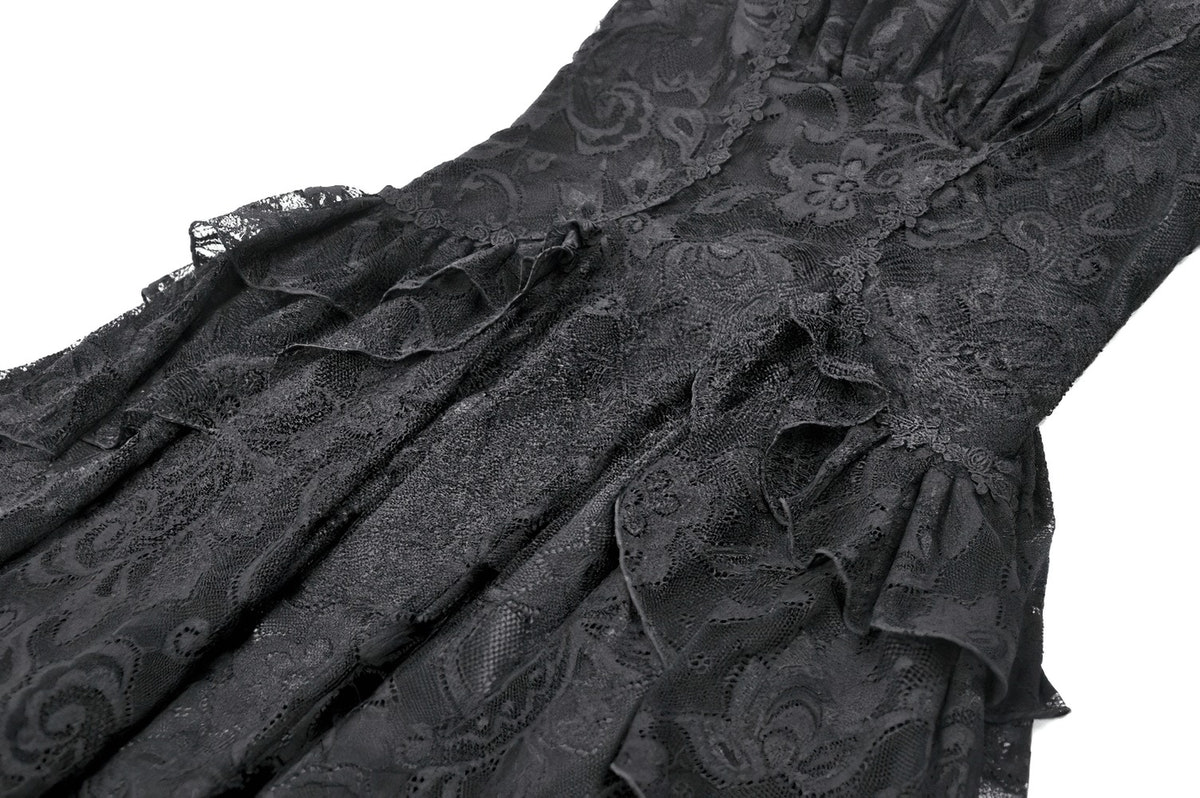 Victorian Goth Tiered Midi Dress With Sheer Floral Skirt close-up of black lace detailing and ruffled layers.
