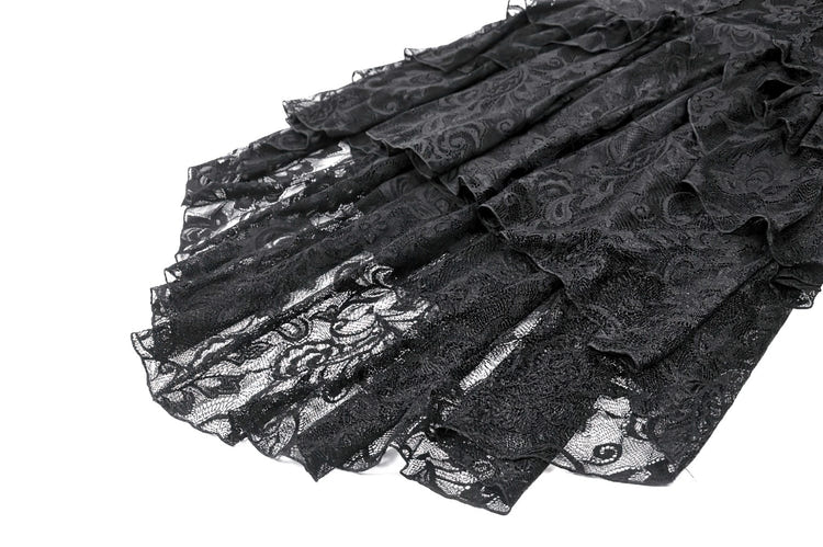 Close-up of the tiered lace skirt of the Victorian Goth Tiered Midi Dress With Sheer Floral Skirt.