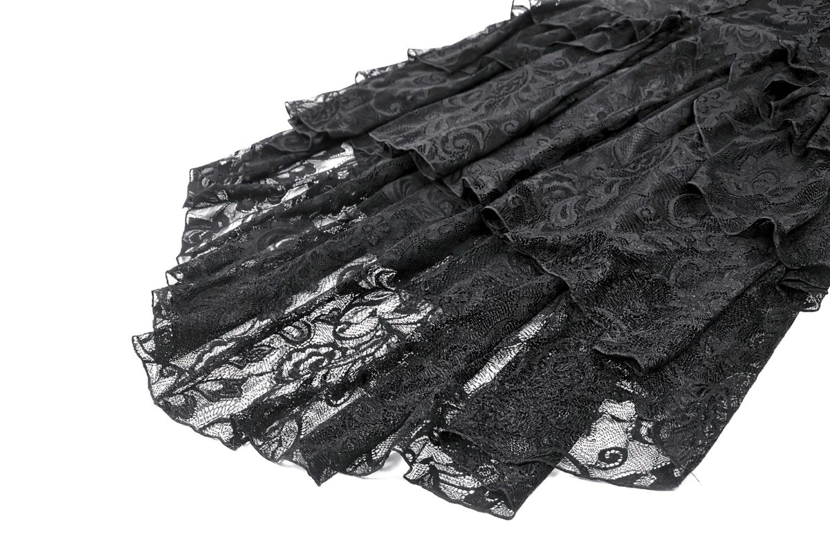 Close-up of the tiered lace skirt of the Victorian Goth Tiered Midi Dress With Sheer Floral Skirt.