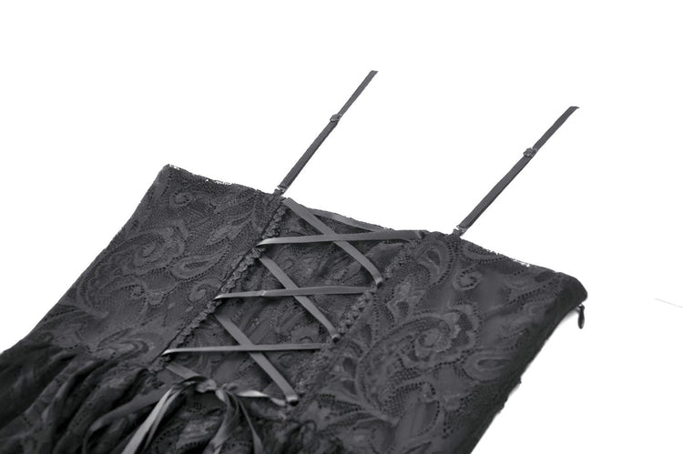 Victorian Goth Tiered Midi Dress With Sheer Floral Skirt showing stylish corset back detail and lace design.