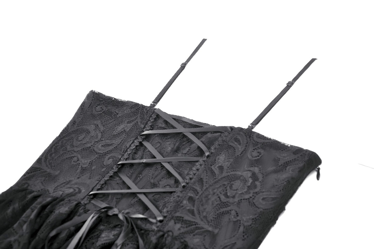 Victorian Goth Tiered Midi Dress With Sheer Floral Skirt showing stylish corset back detail and lace design.
