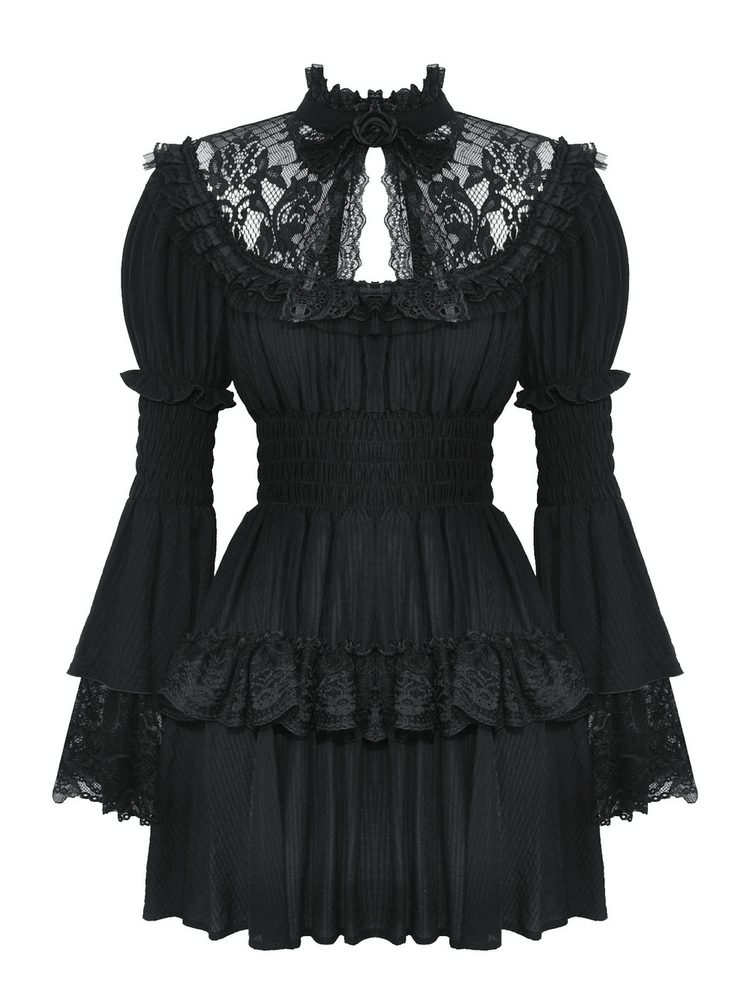 Victorian Gothic Black Lace Dress with Ruffle Details - image 4