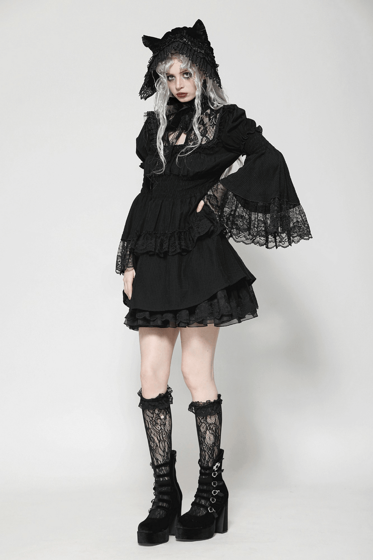 Victorian Gothic Black Lace Dress with Ruffle Details - image 12