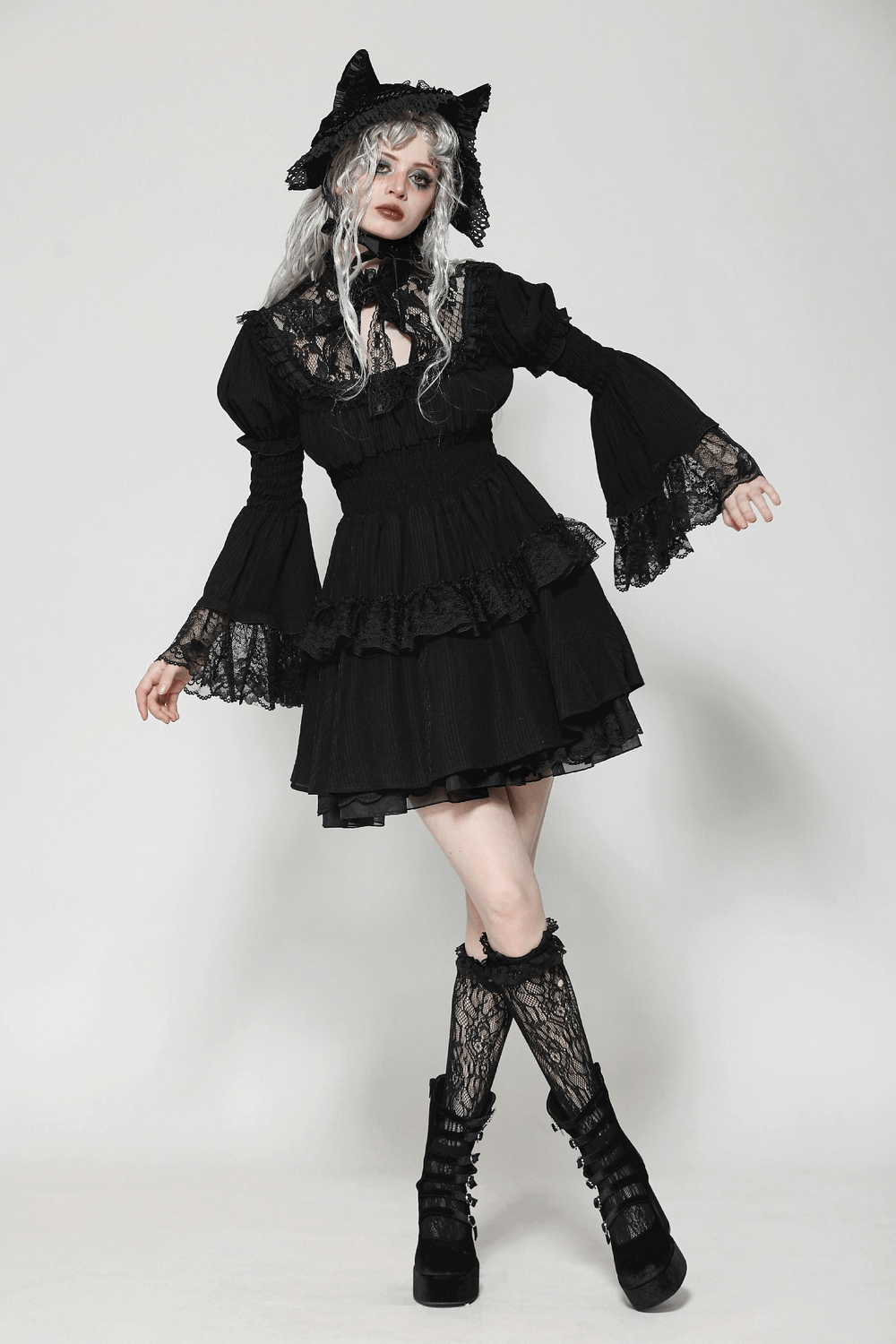 Victorian Gothic Black Lace Dress with Ruffle Details - image 13