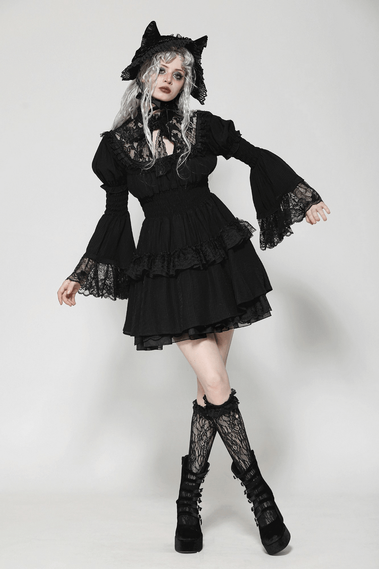 Victorian Gothic Black Lace Dress with Ruffle Details - image 13