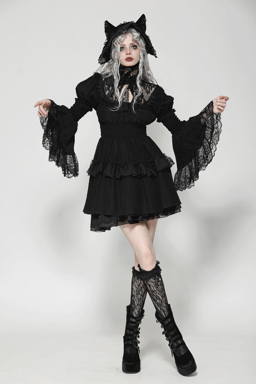Victorian Gothic Black Lace Dress with Ruffle Details - image 14