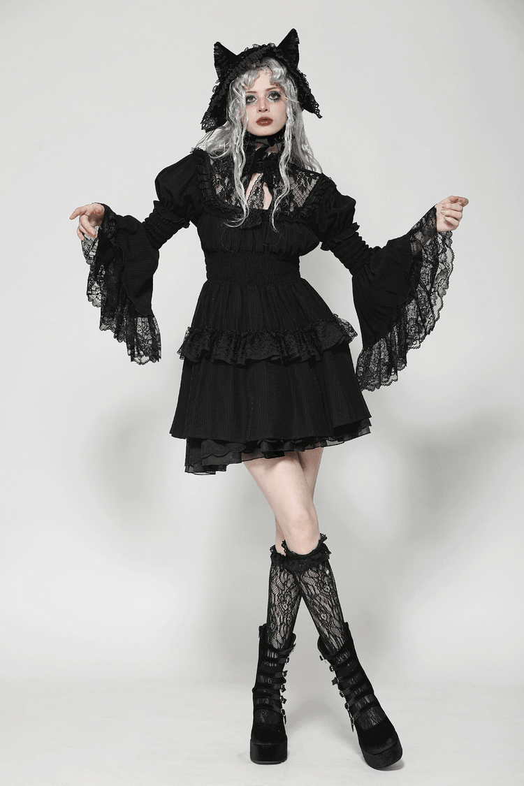 Victorian Gothic Black Lace Dress with Ruffle Details - image 14