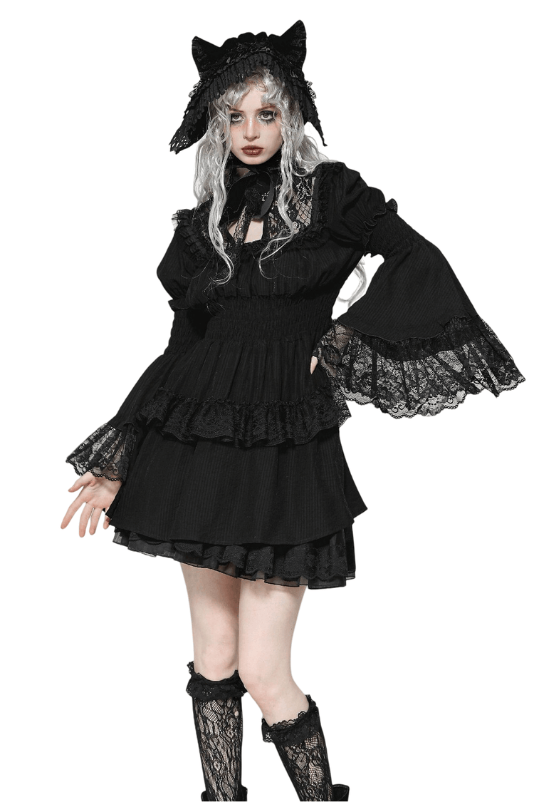 Victorian Gothic Black Lace Dress with Ruffle Details - image 1